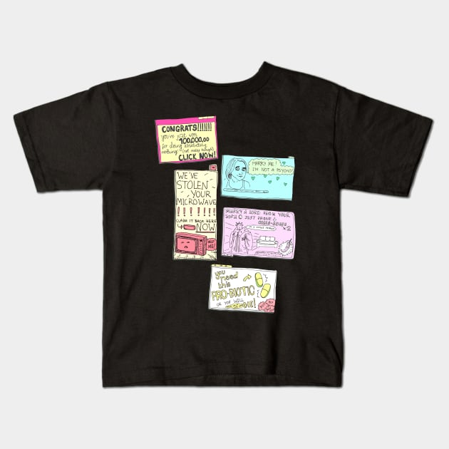 Pesky Pop Ups Kids T-Shirt by minniemorrisart